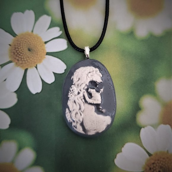 Handmade Ceramic Grey Skull Cameo Pendant Necklace - Picture 11 of 15